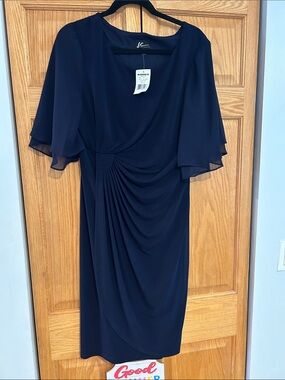 IC Studio COLLECTION Navy Midi Dress with Chiffon Draped Sleeves